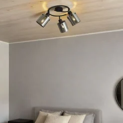 QAZQA Design Deckenstrahler schwarz mit Rauchglas rund 3-flammig - Domo