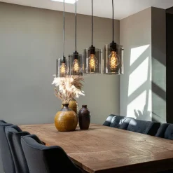 QAZQA Design Hängelampe schwarz mit Rauchglas 4-Licht - Kuppel