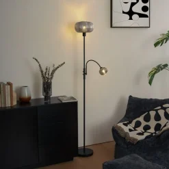 QAZQA Design Stehlampe Schwarz mit Rauchglas 2-Lichter - Brianna