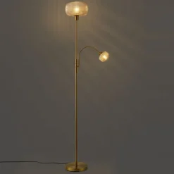 QAZQA Design Stehleuchte Messing mit bernsteinfarbenem Glas 2-flammig - Brianna