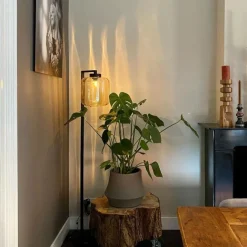 QAZQA Design Stehleuchte schwarz mit Braunglas - Qara