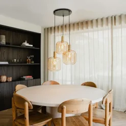 QAZQA Design-Hängelampe schwarz mit Messing und braunem Glas 3 Lichter - Zuzanna