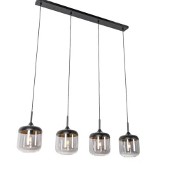 QAZQA Design-Hängelampe schwarz mit Gold und Rauchglas 4-flammig - Kyan