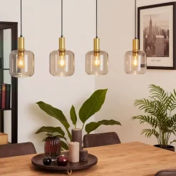 QAZQA Design-Hängelampe schwarz mit Messing und bernsteinfarbenem Glas, 4-flammig – Zuzanna