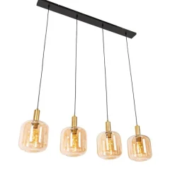 QAZQA Design-Hängelampe schwarz mit Messing und bernsteinfarbenem Glas, 4-flammig – Zuzanna