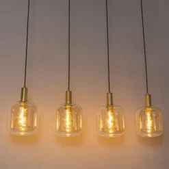 QAZQA Design-Hängelampe schwarz mit Messing und bernsteinfarbenem Glas, 4-flammig – Zuzanna