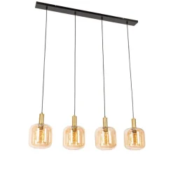 QAZQA Design-Hängelampe schwarz mit Messing und bernsteinfarbenem Glas, 4-flammig – Zuzanna
