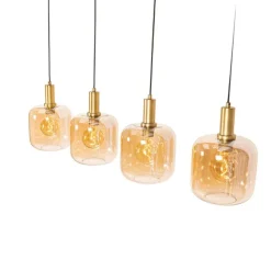 QAZQA Design-Hängelampe schwarz mit Messing und bernsteinfarbenem Glas, 4-flammig – Zuzanna