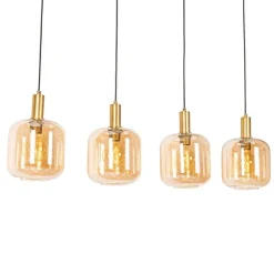 QAZQA Design-Hängelampe schwarz mit Messing und bernsteinfarbenem Glas, 4-flammig – Zuzanna