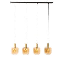 QAZQA Design-Hängelampe schwarz mit Messing und bernsteinfarbenem Glas, 4-flammig – Zuzanna