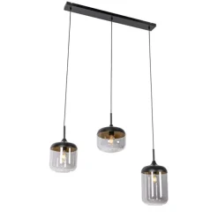 QAZQA Design-Hängelampe schwarz mit Gold und Rauchglas 3-flammig - Kyan
