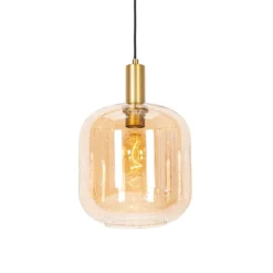 QAZQA Design-Hängelampe schwarz mit Messing und bernsteinfarbenem Glas – Zuzanna