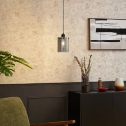 QAZQA Design-Hängeleuchte schwarz mit Rauchglas - Domo