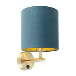 QAZQA Enge Wandlampe Gold mit blauem Samtschirm - Matt