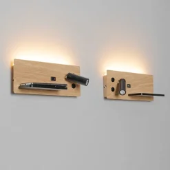 QAZQA Professional 2er Set Wandleuchte Schwarz mit Holz inkl. LED mit USB und Induktionsladegerät - Riza