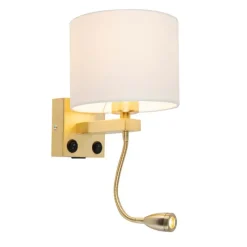 QAZQA Goldene USB Wandlampe mit weißem Schirm - Brescia Combi