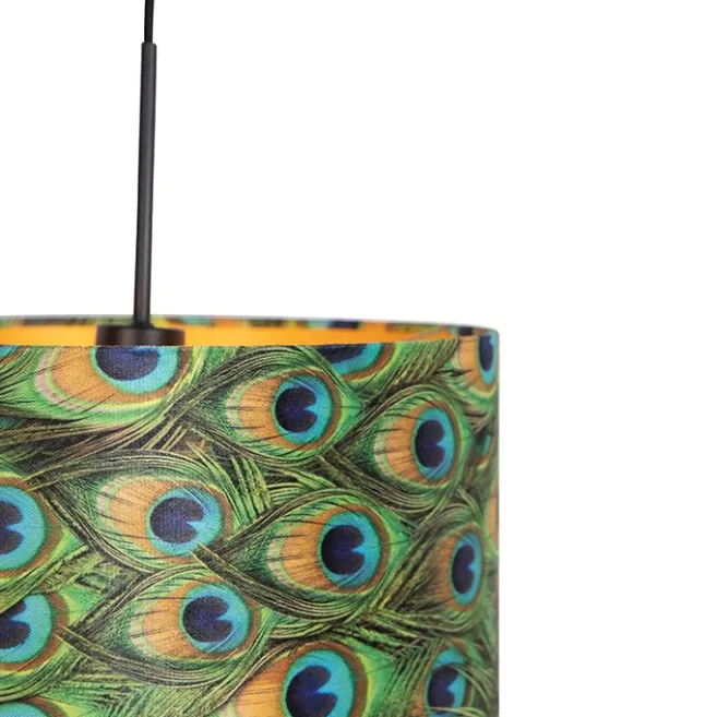 QAZQA Hängelampe mit Veloursschirm Pfau mit Gold 35 cm - Combi