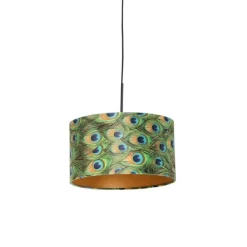 QAZQA Hängelampe mit Veloursschirm Pfau mit Gold 35 cm - Combi