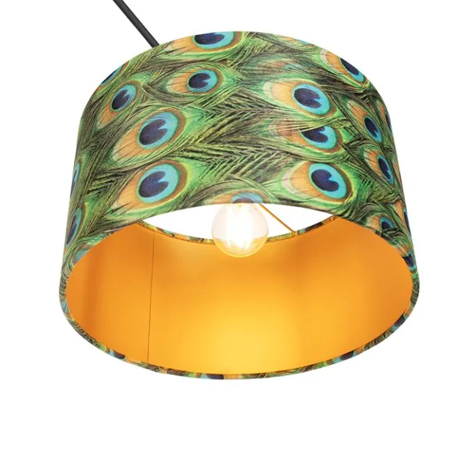 QAZQA Hängelampe mit Veloursschirm Pfau mit Gold 35 cm - Blitz I schwarz