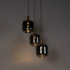 QAZQA Hängelampe schwarz mit Gold und Rauchglas inkl. 3 PUCC - Zuzanna