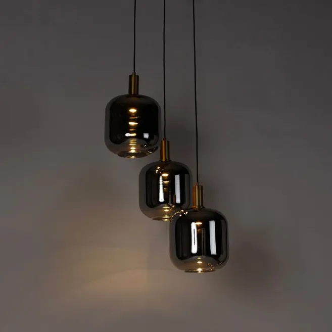 QAZQA Hängelampe schwarz mit Gold und Rauchglas inkl. 3 PUCC - Zuzanna