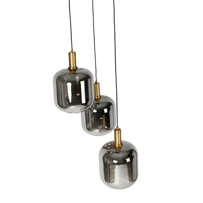 QAZQA Hängelampe schwarz mit Gold und Rauchglas inkl. 3 PUCC - Zuzanna