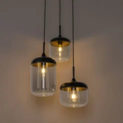 QAZQA Hängelampe schwarz mit Gold und Rauchglas, 3-flammig, rund – Kyan