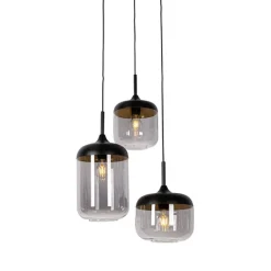 QAZQA Hängelampe schwarz mit Gold und Rauchglas, 3-flammig, rund – Kyan