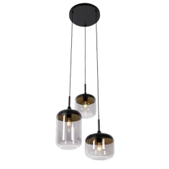 QAZQA Hängelampe schwarz mit Gold und Rauchglas, 3-flammig, rund – Kyan