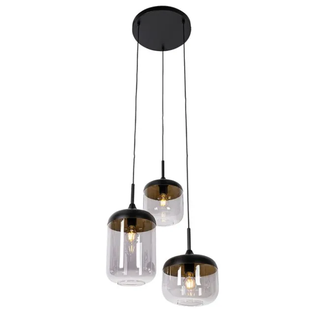 QAZQA Hängelampe schwarz mit Gold und Rauchglas, 3-flammig, rund – Kyan