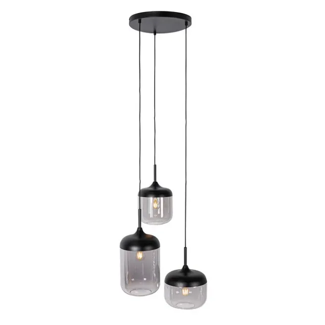 QAZQA Hängelampe schwarz mit Gold und Rauchglas, 3-flammig, rund – Kyan