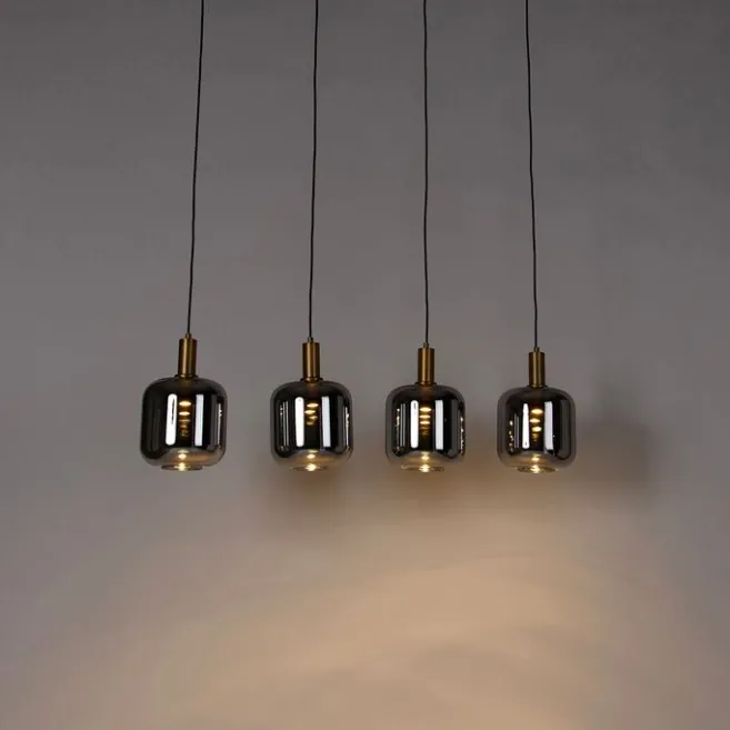 QAZQA Hängelampe schwarz mit Gold und Rauchglas inkl. 4 PUCC - Zuzanna