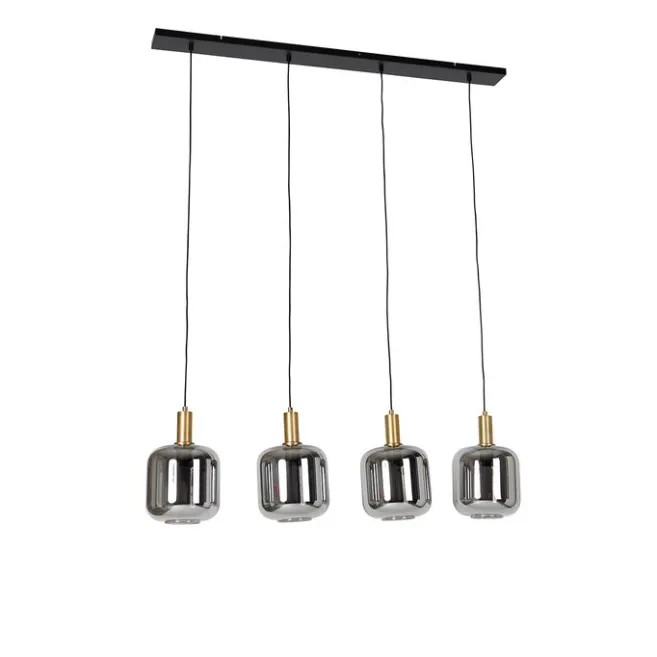 QAZQA Hängelampe schwarz mit Gold und Rauchglas inkl. 4 PUCC - Zuzanna