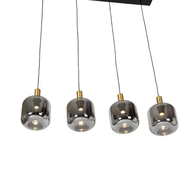 QAZQA Hängelampe schwarz mit Gold und Rauchglas inkl. 4 PUCC - Zuzanna