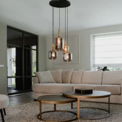 QAZQA Hängelampe schwarz mit Gold mit Rauchglas 5-flammig – Zuzanna