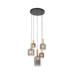 QAZQA Hängelampe schwarz mit Gold mit Rauchglas 5-flammig – Zuzanna