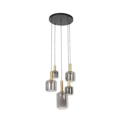 QAZQA Hängelampe schwarz mit Gold mit Rauchglas 5-flammig – Zuzanna