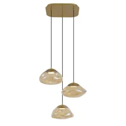 QAZQA Hotel Chic Hängelampe Messing mit bernsteinfarbenem Glas 3-Licht - Gus