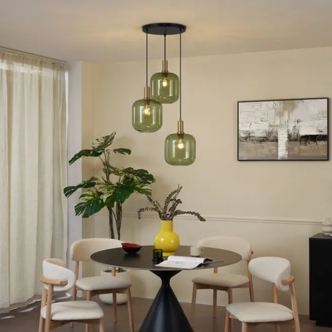 QAZQA Hotel Chic Hängelampe Schwarz mit Gold und Grün Glas 3-Licht - Zuzanna