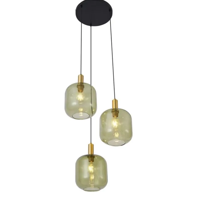 QAZQA Hotel Chic Hängelampe Schwarz mit Gold und Grün Glas 3-Licht - Zuzanna