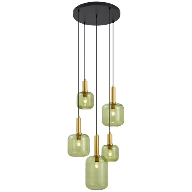 QAZQA Hotel Chic Hängelampe Schwarz und Gold mit grünem Glas 5-Lichter - Zuzanna