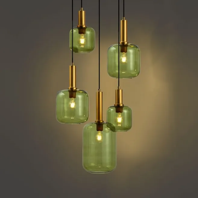 QAZQA Hotel Chic Hängelampe Schwarz und Gold mit grünem Glas 5-Lichter - Zuzanna