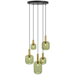 QAZQA Hotel Chic Hängelampe Schwarz und Gold mit grünem Glas 5-Lichter - Zuzanna