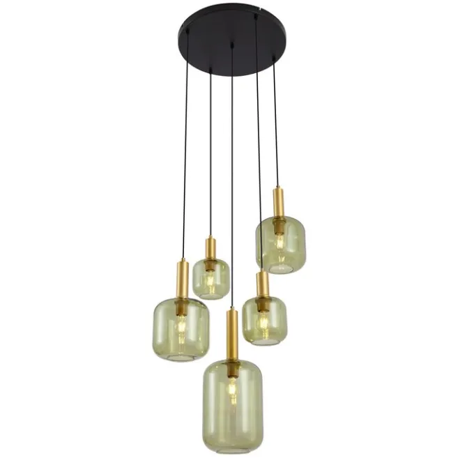 QAZQA Hotel Chic Hängelampe Schwarz und Gold mit grünem Glas 5-Lichter - Zuzanna