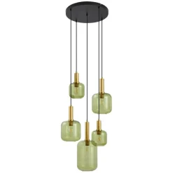QAZQA Hotel Chic Hängelampe Schwarz und Gold mit grünem Glas 5-Lichter - Zuzanna