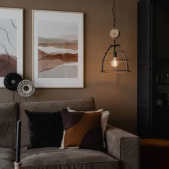 QAZQA Industrielle Hängelampe dunkelgrau mit Holz 34 cm - Arthur