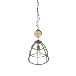 QAZQA Industrielle Hängelampe dunkelgrau mit Holz 34 cm - Arthur