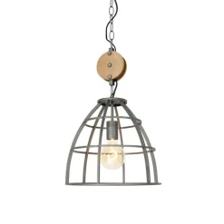 QAZQA Industrielle Hängelampe dunkelgrau mit Holz 34 cm - Arthur