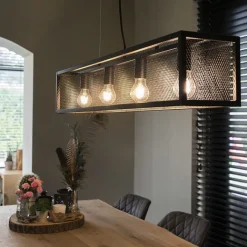 QAZQA Industrielle Hängelampe schwarz mit Netz 4 Lichter – Cage
