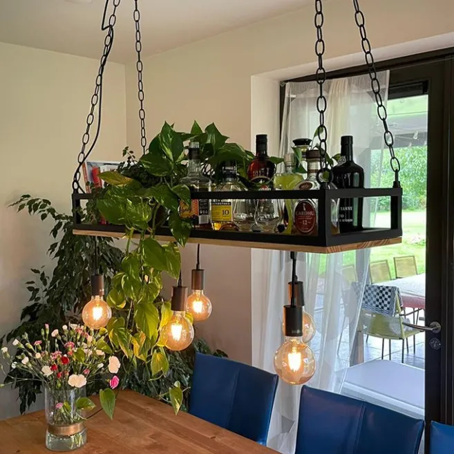 QAZQA Industrielle Hängelampe schwarz mit Holz 5-Licht - Regal